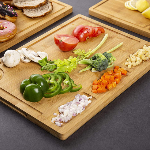 Bamboo Cutting Boards for Kitchen, (Set of 3) Kitchen Chopping Board with 3 Built-In Compartments and Juice Groove Heavy Duty Serving Tray Wood Butcher Block and Wooden Carving Board with Hole