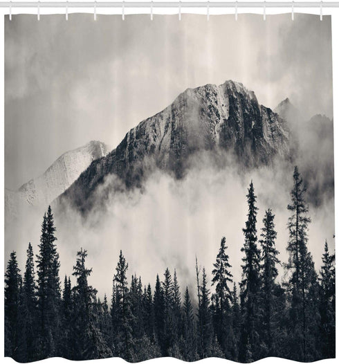 Ambesonne National Parks Shower Curtain, Canadian Smokey Mountain Cliff Outdoors Idyllic Scenery Photo Artwork, Cloth Fabric Bathroom Decor Set with Hooks, 69" W x 70" L, Black White