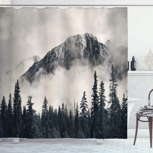 Ambesonne National Parks Shower Curtain, Canadian Smokey Mountain Cliff Outdoors Idyllic Scenery Photo Artwork, Cloth Fabric Bathroom Decor Set with Hooks, 69" W x 70" L, Black White