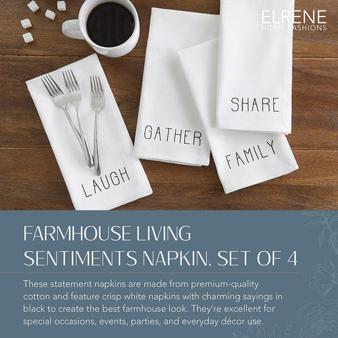 Elrene Home Fashions Farmhouse Living Sentiments Napkins, Set of 4, 20" x 20", Black/White 4