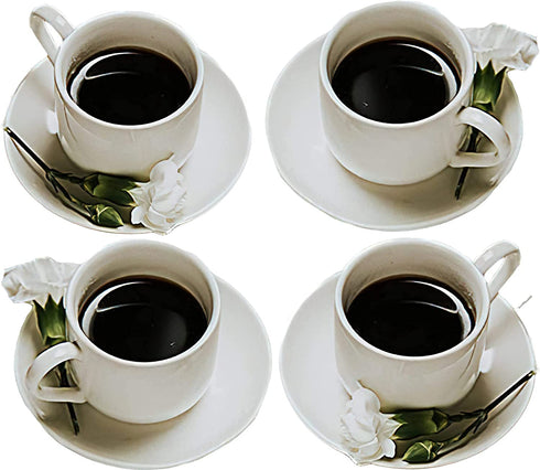 4oz. Espresso Cups Set of 4 With Matching Saucers - Premium White Porcelain, 8 Piece Gift Box Demitasse Set Italian Caff¨ Mugs, Turkish Coffee Cup Lungo Shots, Dopio Double Shot | White Set