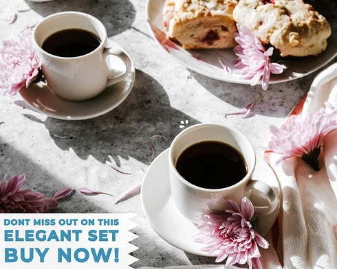 4oz. Espresso Cups Set of 4 With Matching Saucers - Premium White Porcelain, 8 Piece Gift Box Demitasse Set Italian Caff¨ Mugs, Turkish Coffee Cup Lungo Shots, Dopio Double Shot | White Set
