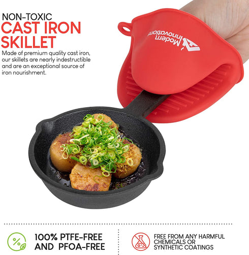 Modern Innovations Mini Cast Iron Skillet with Silicone Mitt (4 Count) - 3.5 Inch Mini Cast Iron Skillet - Pre Seasoned Small Cast Iron Skillet Set - Mini Cast Iron Skillets for Baked Cookie/Brownie