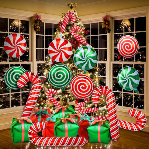 30Pcs Christmas Foil Balloons, Large Candy Cane Swirl Mylar Balloons with Ribbons, Red Green Balloons for Birthday and Candies Theme Party Decorations