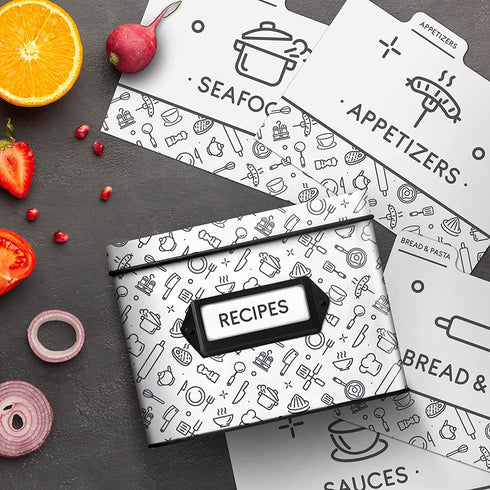 recipe box | recipe box with cards | decorative tin box | recipe box includes 24 cards and 12 dividers | gift box | recipe card box