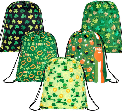 Whaline 5 Pieces St Patrick's Day Drawstring Bags, Shamrock Backpack Irish Large Goody Treat Candy Bags Bulk Wrapping Gift Bag for St Patrick's Party Favors