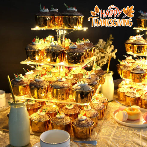 Vdomus Pastry Stand 4 Tier Acrylic Cupcake Display Stand with LED String Lights Dessert Tree Tower Pyramid for Birthday Wedding Party (Warm)