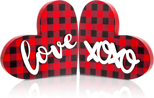 Hicarer 2 Pieces Valentine's Day Heart Wood Sign, Romantic Buffalo Plaid Be Mine Love Heart Wood Home Decoration, Wood Grain Block and Slices Decorations for Wedding Valentines Day Party (Red Plaid)