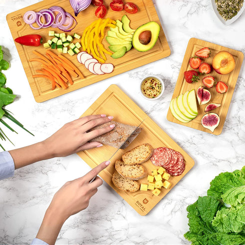 Wood Cutting Board Set - Bamboo Cutting Board with Juice Groove - Kitchen Chopping Board for Meat (Butcher Block) Cheese and Vegetables | Heavy Duty Serving Tray w/Handles (3-Pieces)