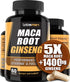 10000mg Maca Root Capsules (w/ Black Maca) + 1400mg Korean Red Panax Ginseng Extract as Maca Root Capsules for Women & Maca Root Capsules for Men for Reproductive Health & Natural Energy (2 Months)