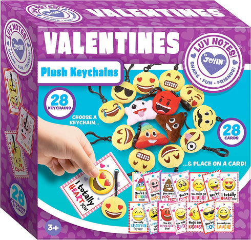 JOYIN 28 Pack Valentines Day Gifts Cards for kids, Valentine's Greeting Cards with Emoji Plush Key-chain Valentine Classroom Exchange Gifts Party Favors