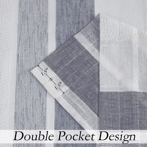 Central Park White French Door Curtain Navy Blue Stripe Sheer Window Panels Boucle Linen Drapes Rod Pocket Yarn Dyed Woven Curtain for Living Room (25" Wx72 Lx 2), 2 Panels