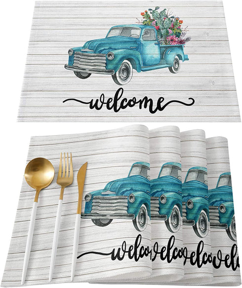 Placemats for Dining Table Cactus with Blue Truck Table Mats Tropical Plants Wood Grain Table Decoration Holiday Banquet Kitchen Dining Non Slip Washable, Set of 4