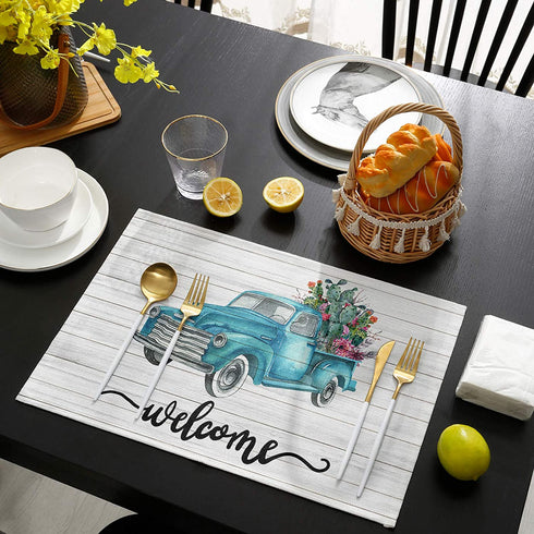 Placemats for Dining Table Cactus with Blue Truck Table Mats Tropical Plants Wood Grain Table Decoration Holiday Banquet Kitchen Dining Non Slip Washable, Set of 4