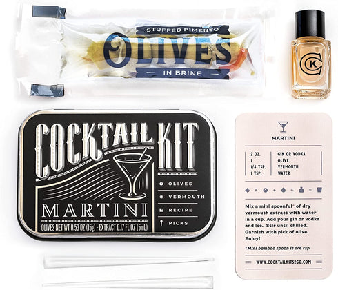 Cocktail Kits 2 Go - Martini Cocktail Set for Cocktail Lovers - Mixology and Craft Travel Kit Includes Olives, Brine, Vermouth, Cocktail Pick - Crafted in USA - Gift Box for All Occasions