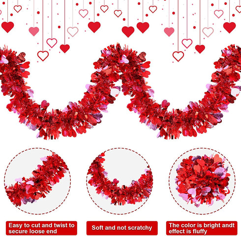 MTLEE 39.4 Feet 6 Pieces Heart Tinsel Garland Valentine's Day Metallic Red Tinsel Twist Garland Hanging Garland Decoration for Valentine's Day Indoor and Outdoor Decorations (Nice Style)