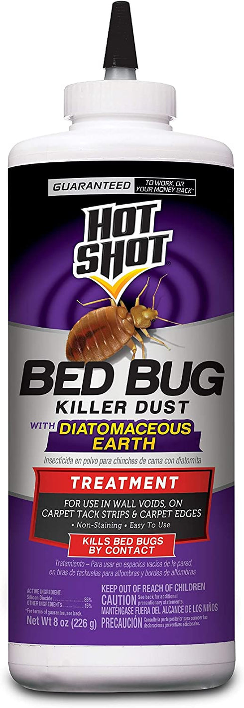 Hot Shot Bed Bug Killer Dust With Diatomaceous Earth 8 Ounces, Treatment For Bed Bugs