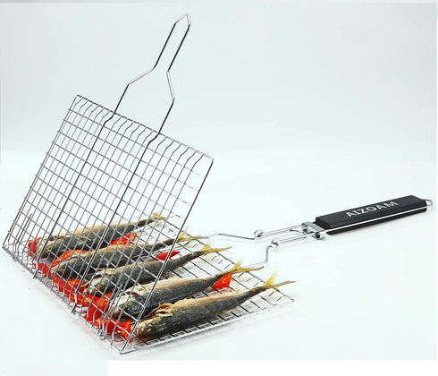 AIZOAM Portable Stainless Steel BBQ Barbecue Grilling Basket for Fish,Vegetables, Shrimp,and Small Flat Sea Food .Great Useful BBQ Tool.-Bonus Additional Sauce Brush and 50 Natural Bamboo Skewers €‘