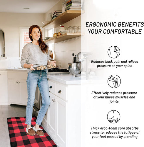 EARTHALL Kitchen Mat Cushioned Anti-Fatigue Floor Mat, 17.7"x59", Waterproof Non-Slip Red Buffalo Plaid Kitchen Rug Runner Ergonomic Comfort Standing Mat for Kitchen, Home, Office, Sink, Laundry, Desk
