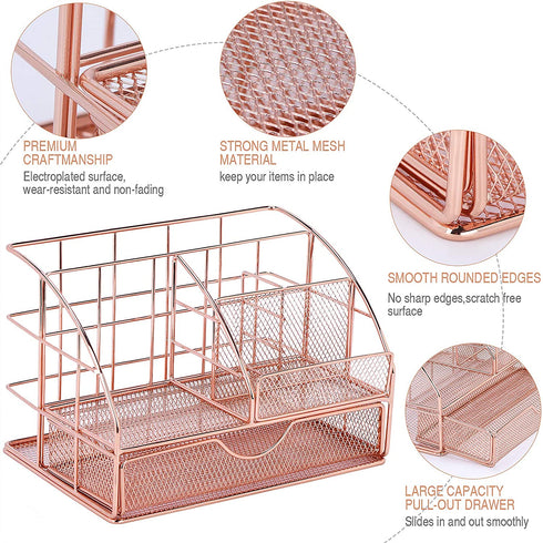Upgraded Desk Organizer for Women, Cute Mesh Office Supplies Accessories Essentials Caddy with Drawer for Home & Office Desktop Organization & Decor, Rose Gold