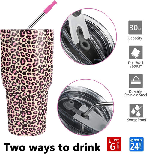 Artlion 30oz Tumbler Pink Leopard Insulated 30 OZ Metal Tumblers Cheetah Cup with Straws and Lid for Cold Hot Drinks