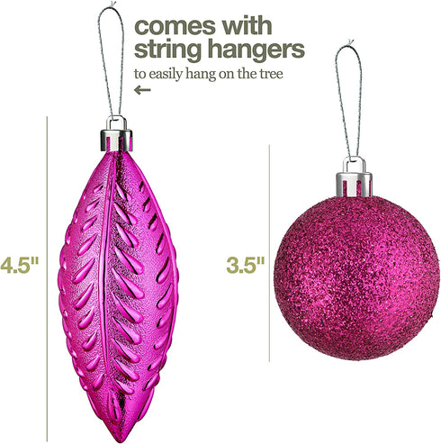 Fuchsia Pink Christmas Ball Ornaments for Christmas Decorations - 24 Pieces Xmas Tree Shatterproof Ornaments with Hanging Loop for Holiday and Party Decoration (Combo of 8 Ball and Shaped Styles)
