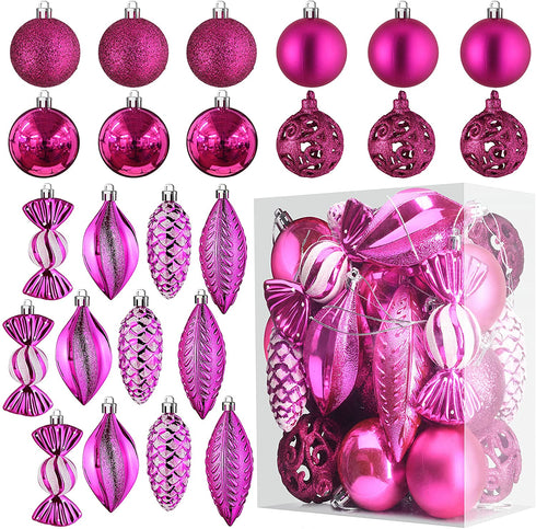 Fuchsia Pink Christmas Ball Ornaments for Christmas Decorations - 24 Pieces Xmas Tree Shatterproof Ornaments with Hanging Loop for Holiday and Party Decoration (Combo of 8 Ball and Shaped Styles)