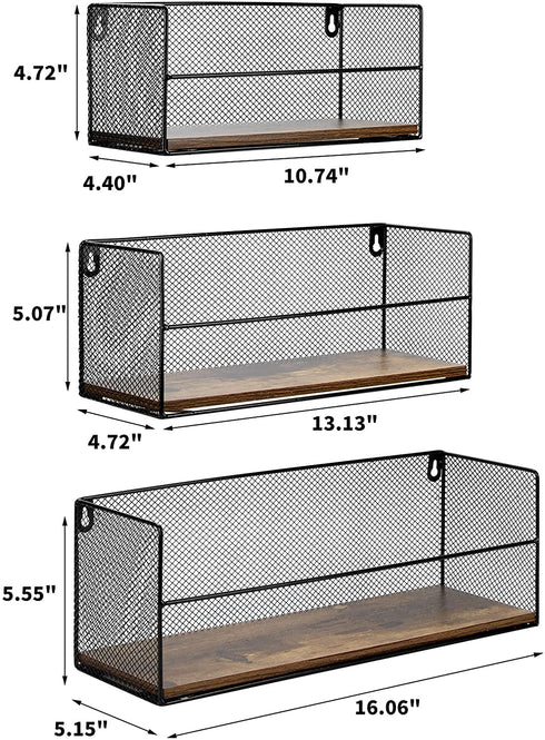 Floating Wall Shelves for Storage, Rustic Wall Mounted Shelf for Bedroom Living Room Bathroom Kitchen, Set of 3 Brown