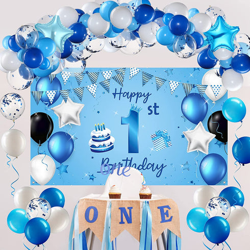 1st Birthday Decorations First Birthday Boy Backdrop 88 Pcs Blue Baby Boy First Birthday Party Supplies with Banner Foil Star Balloons Set for 1st Birthday Baby Shower Party Decorations Supplies