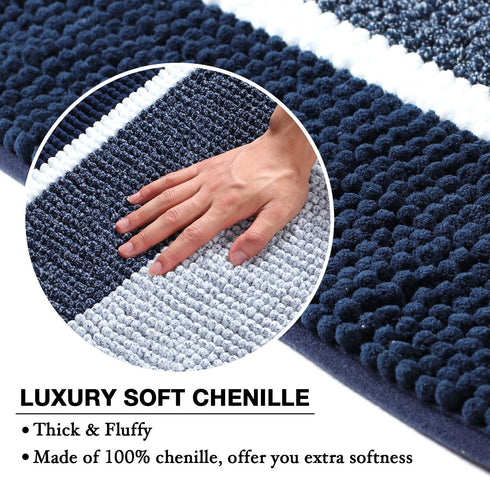 Flamingo P Super Cozy Shag Chenille Bath Rug, Gradient Navy Stripe Pattern Machine Washable Microfiber Plush Bathmat, Ultra Absorbent Mat with Non Slip Backing for Bathroom Landry, (20×32 inch, Navy)