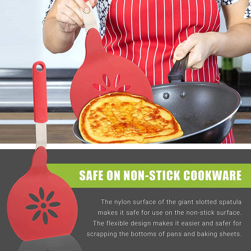Homi Styles Jumbo Nylon Kitchen Pancake Spatula | Wide Non-Stick Slotted Blade with Floral Cut-Out Design - Great for Pancake Flipper, and Egg Turner | 15 x 6.5 Inches ( Red)