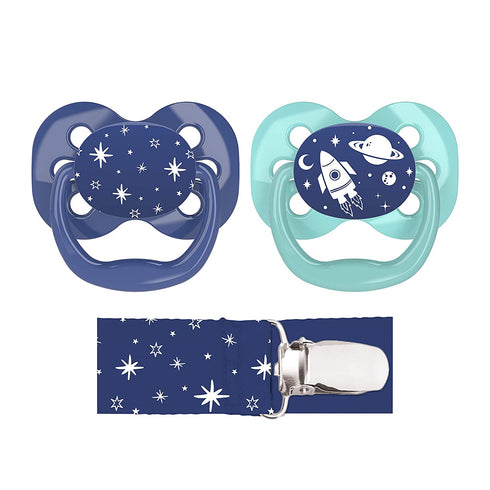 Dr. Brown's Advantage Symmetrical Pacifier with Air Flow and Pacifier Clip - Blue - 2-Pack - 0-6m