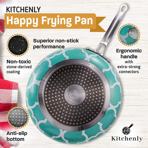Kitchenly Nonstick Frying Pans with Lids - Granite Frying Pans with Stone Coating | Nonstick Skillet Cooking Pan Set | Electric, Gas, & Induction Compatible | 9.5 & 11 inch Pans | Turquoise - 2 Pack