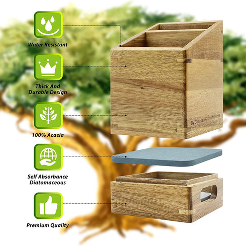 Drip Protection Wooden Utensil Holder 100% Acacia wood kitchen cutlery organizer storage for countertop with water absorbent diatomaceous earth mat to keep your utensils dry and clean