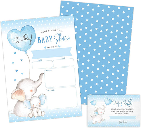 Your Main Event Prints Boy Elephant Baby Shower Invitations, Peanut Baby Shower Invites with Diaper Raffles Cards, Sprinkle, 20 Invites Including Envelopes