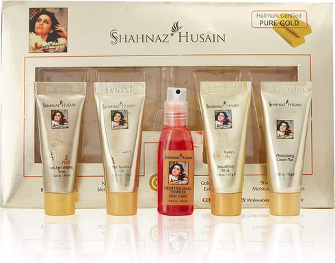 Shahnaz Husain 24 Carat Gold Skin Radiance Timeless Youth Kit with Exfoliating Scrub, Radiance Gel, Moisturizing Cream, and Mask (4 x 10 gm)