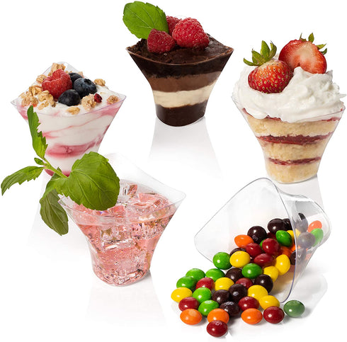 Mini Swirl Triangle Dessert Cups - Plastic Reusable Cups For Serving Dessert, Fruits & Mini Appetizer - Sampling Tasting Cups for Wedding Birthday Parties By Loreso(48CT 3.5oz Cups with Spoons)