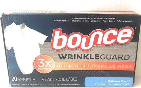 Bounce Wrinkle Guard Dryer Sheets - Outdoor Fresh - Mega Sheet - 20 Count Sheets Per Box - One (1) Box