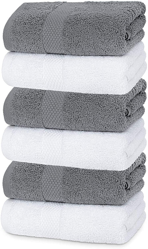 White Classic Luxury Hand Towels | Cotton Hotel spa Bathroom Towel | 16x30 | 6 Pack | 3-Grey /3-White