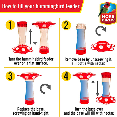 More Birds Bird Health+ Ruby Hummingbird Feeder, Glass Hummingbird Feeders for Outdoors, 4 Feeding Stations, 10 Ounces