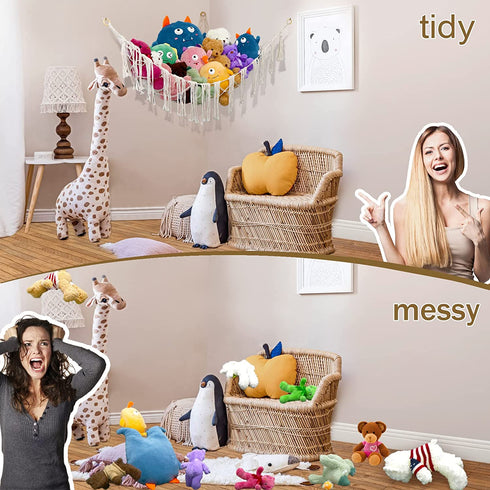 Stuffed Animal Toy Hammock Macrame, Hanging Organizer Pet Net Holder Boho Display Corner Plush Toy 3 nails for Girl Nursery Playroom Bedroom Kids Room (45inch)
