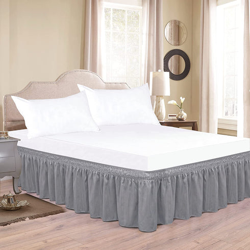 Biscaynebay Wrap Around Bed Skirts for King & Cal King Beds Extra Short Drop of 9", Silver Grey Elastic Dust Ruffles Easy Fit Wrinkle & Fade Resistant Silky Luxurious Fabric Solid Machine Washable