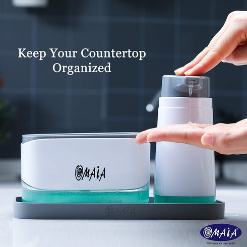 OMAIA 4-in-1 Dish Soap Dispenser Set - Kitchen Soap Dispenser with Sponge Holder and Liquid Hand Soap Dispenser and Silicone Tray - Countertop Organizer - Useful Kitchen Gadgets