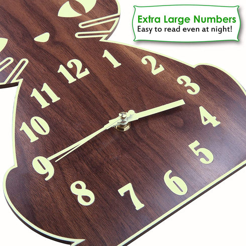 Lantoo Night Light Wall Clock, Luminous Wall Clock with Numerals & Hands Glow in Dark, Cat Wooden Wall Clock, Entirely Silent Wall Clocks Battery Operated for Kitchen Living Room Bedroom
