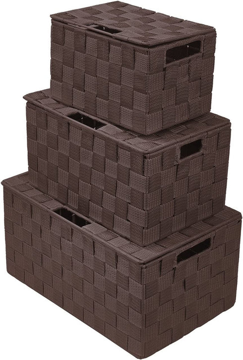 Sorbus Storage Box Woven Basket Bin Container Tote Cube Organizer Set Stackable Storage Basket Woven Strap Shelf Organizer Built-In Carry Handles (Lid Bins - 3 Pack, Chocolate)