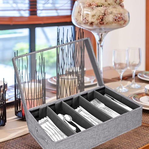 Flatware Storage Case - 5 Compartment Tableware Cutlery Container Chest with Removable PVC Lid and Easy to Carry Handles,Large Capacity Utensils,Silverware,Flatware Box(Light Grey)