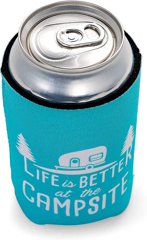 Camco Life is Better at The Campsite Can Sleeve Neoprene Soda or Beer Can Coolie, Fits 12 oz. Cans, Teal Blue and White Retro Camper Theme (53249)
