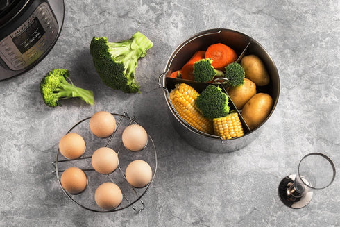 Vookoon Steamer Basket, 304 Stainless Steel Steamer for Instant Pot, Food Steamer with Durable Construction, Removable Dividers and Egg Rack Trivet Included, Fits 6/8 qt Instant Pot Pressure Cooker