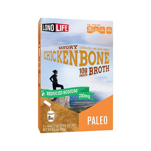 LonoLife - Reduced Sodium Chicken Bone Broth Sticks - 10g Collagen Protein - Gluten-Free - Keto & Paleo Friendly - Portable Individual Packets - 4 count