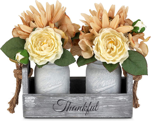 Besuerte Decorative Mason Jar Centerpiece, Rustic Wood Tray Home Decor with 2 Mason Jars,Rose Bouquet Flowers for Dining Room,Living Room,Kitchen,Office,Coffee Table,Utensils Holder, White